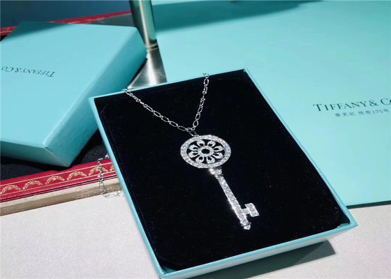 Large Size 18K Gold Tiffany And Co Key Pendant Necklace With Pave Diamonds
