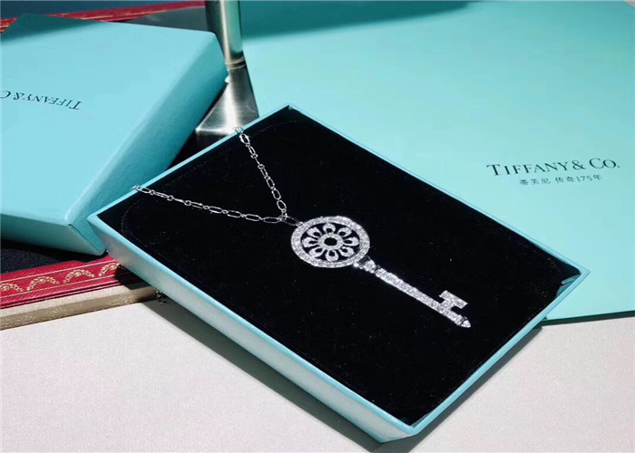 Large Size 18K Gold Tiffany And Co Key Pendant Necklace With Pave Diamonds