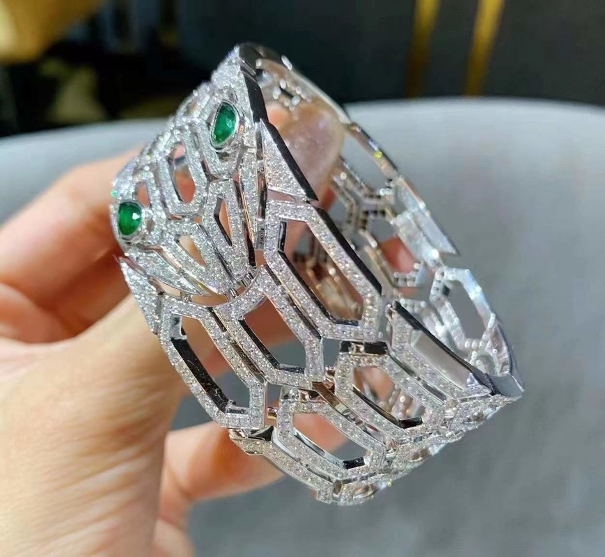 Inspired  Serpenti Bracelet 18kt White Gold Pave Diamond With Emerald
